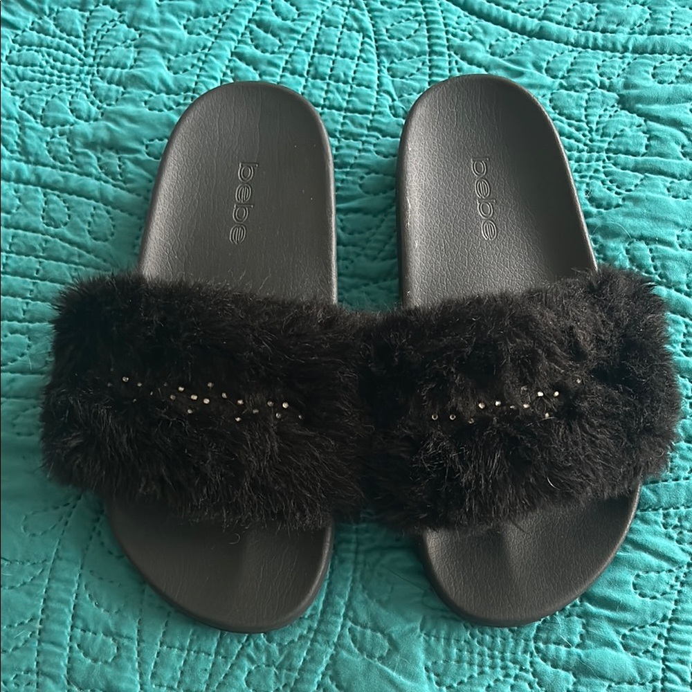 Bebe Black Furry Slides with Rhinestones size 9